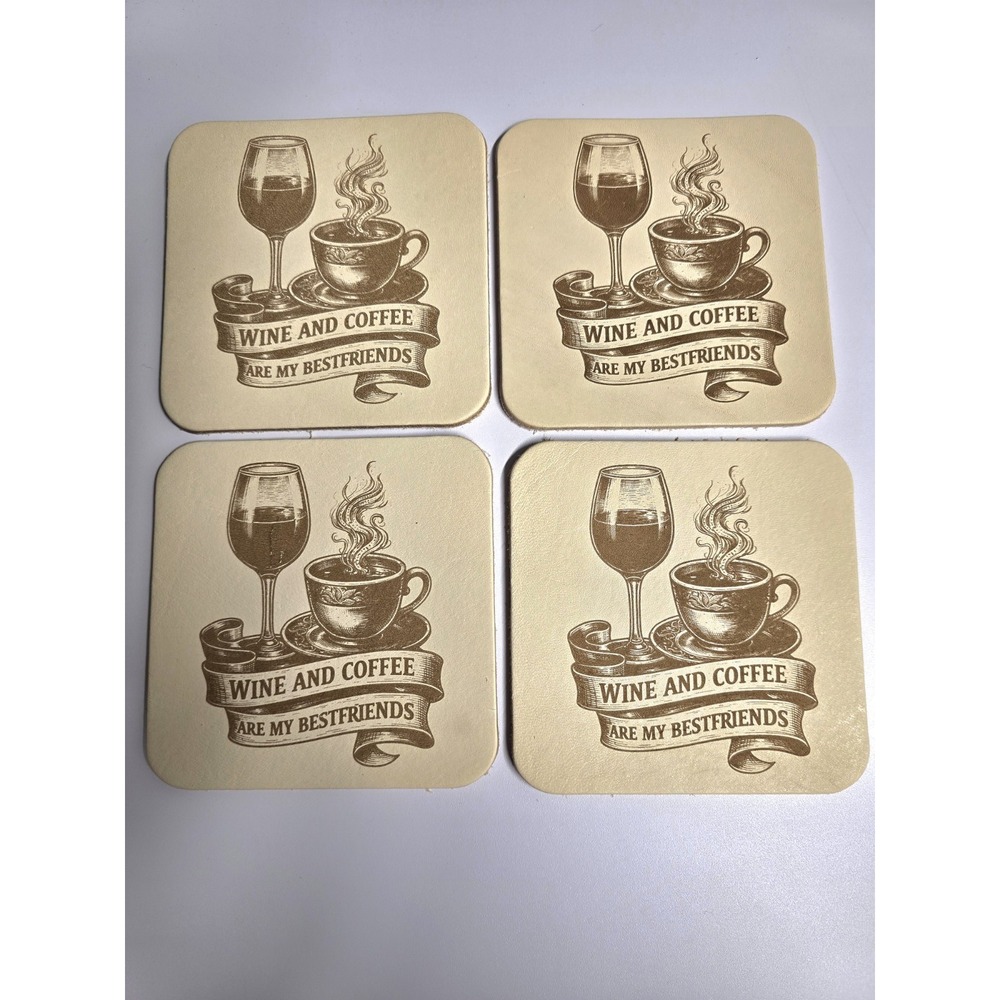 Handmade Leather Coasters 4 Pack Wine And Coffee Are My Bestfriends Engraved Tan